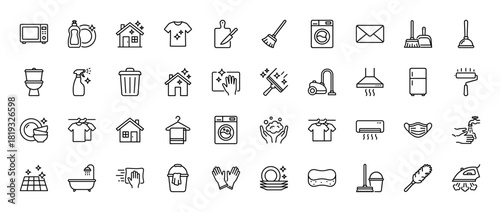 Household cleaning line icon set. Vector pictograms of house, washing machine, broom, spray, vacuum, dishes, iron, mop, gloves, mask, bathtub, and refrigerator, thin linear illustration.