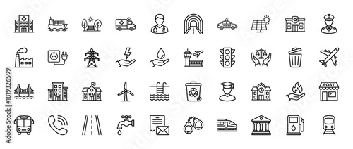 City infrastructure and public services line icon set. Vector pictograms of hospital, ambulance, police, transport, energy, education, and communication, thin linear illustration.