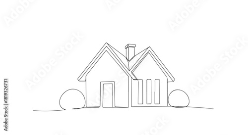 Elegant single continuous line art illustration depicting a charming minimalist house structure, ideal for real estate, home design, and architectural concepts