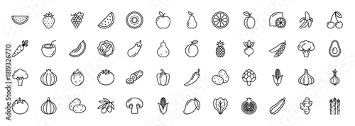 Fruits and vegetables line icon set. Vector pictograms of apple, pear, grapes, banana, lemon, carrot, broccoli, potato, and corn, thin linear illustration.