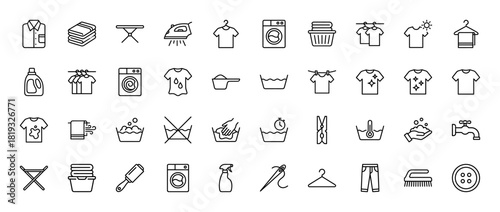 Laundry and clothing care line icon set. Vector pictograms of washing machine, basket, folded clothes, iron, detergent, drying rack, and needle, thin linear illustration.