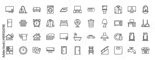 Household appliances and furniture line icon set. Vector pictograms of television, iron, washing machine, refrigerator, bed, house, car, lamp, toilet, telephone, thin linear illustration.