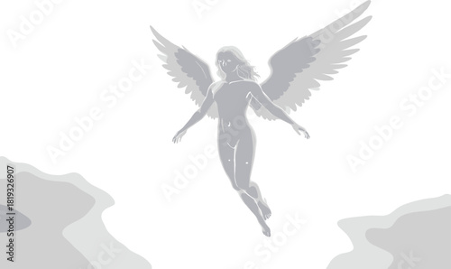Grayscale illustration of floating angel with wings, long hair, and abstract cloudy background in spiritual vector style