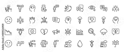 Mental health and well-being line icon set. Vector pictograms of depression, anxiety, sadness, stress, pain, crying, and broken heart, thin linear illustration.