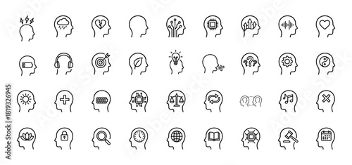 Mind and psychology line icon set. Vector pictograms of brain, idea, emotion, growth, focus, technology, knowledge, balance, and learning, thin linear illustration.