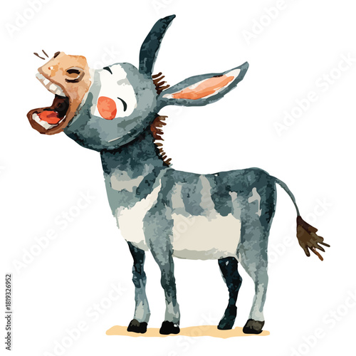 Cute Cartoon Donkey Braying Watercolor Illustration.