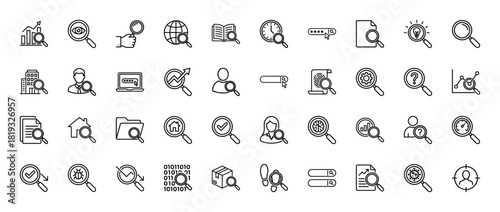 Search and analysis icon set. Vector pictograms of document, data, user, security, internet, and research elements, thin linear illustration.