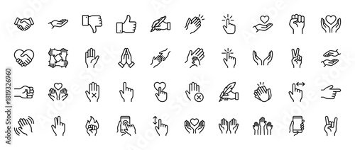 Hand gestures and interactions line icon set. Vector pictograms of handshake, thumbs up, click, clap, praying, heart, fist, pointing, and phone, thin linear illustration.