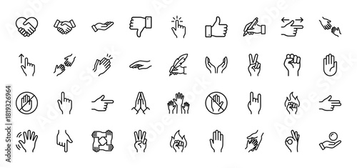 Hand gestures and communication line icon set. Vector pictograms of handshake, thumbs up, pointing, peace sign, stop, clapping, and writing hands, thin linear illustration.