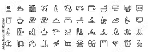 Hospitality line icon set. Vector pictograms of passport, airplane, hotel, credit card, bed, massage, swimming pool, laundry, and alarm clock, thin linear illustration.