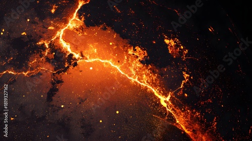 Molten Lava Flowing Through Dark Volcanic Landscape at Night.