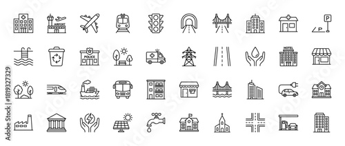 City infrastructure and services line icon set. Vector pictograms of buildings, transport, energy, and community facilities, thin line illustration.
