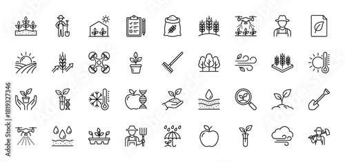 Agriculture line icon set. Vector pictograms of farmer, drone, greenhouse, wheat, plants, weather, genetics, and gardening tools, thin linear illustration.