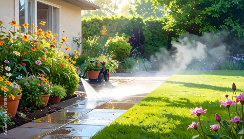 Outdoor Patio Garden Watering with Hose.