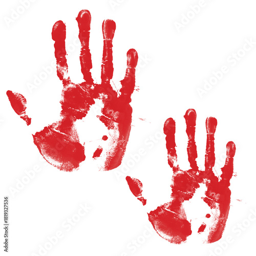 Scary palm imprints, finger smears, and bloody scratches on a white background make up this collection of red bloodstain handprints for Halloween horror projects.  pieces from a spooky crime scene wit