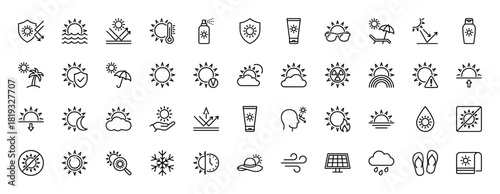 Weather and sun protection line icon set. Vector pictograms of sun, thermometer, sunscreen, umbrella, sunglasses, palm tree, cloud, snowflake, and solar panel, thin linear illustration.
