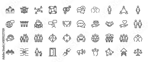 Social and communication line icon set. Vector pictograms of people, global connections, teamwork, conversation, networking, partnership, and ideas, thin linear illustration.