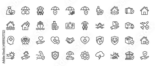 Insurance and security line icon set. Vector pictograms of family, home, car, money, health, property, travel, assets, and business protection, thin linear illustration.
