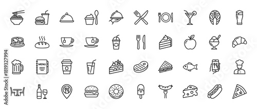 Food and restaurant line icon set. Vector pictograms of plate, cutlery, burger, coffee, cake, chef, pizza, and menu, thin linear illustration.