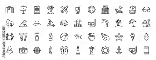 Travel and summer vacation line icon set. Vector pictograms of sun, airplane, passport, beach, pool, cocktail, camera, bikini, lighthouse, and surfboard, thin linear illustration.