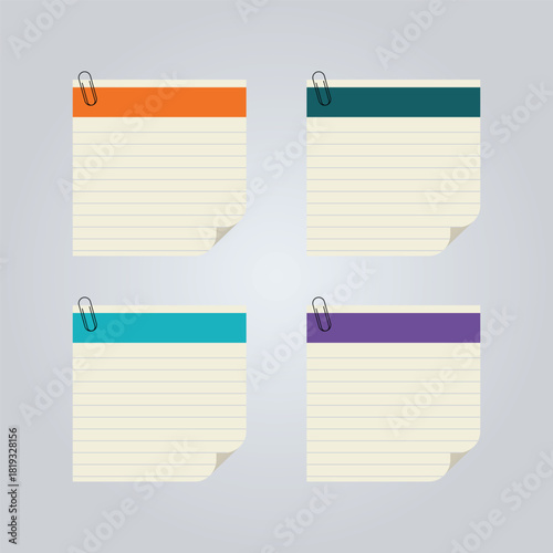 Four blank lined paper notepads with colorful top strips and paperclips in a grid pattern against a light gray background