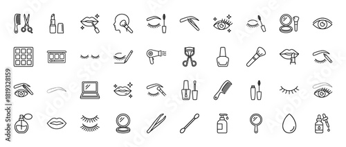Beauty line icon set. Vector pictograms of mascara, lipstick, comb, scissors, tweezers, brushes, eyeshadow, mirror, hairdryer, nail polish, perfume, thin linear illustration.