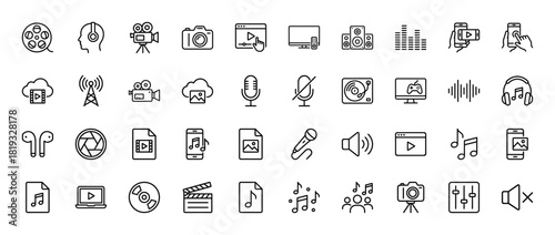 Multimedia line icon set. Vector pictograms of video player, camera, speakers, headphones, microphone, musical notes, smartphone, clapperboard, thin linear illustration.