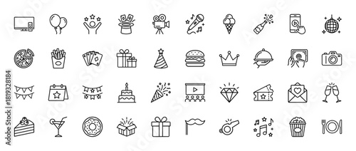 Party and celebration line icon set. Vector pictograms of microphone, balloons, cake, gifts, champagne, camera, party hats, music notes, and food items, thin linear illustration.