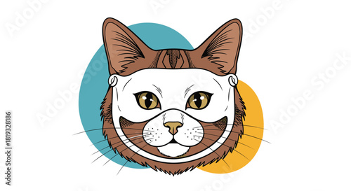An illustration of a charming brown cat wearing a white masquerade mask with a smile, set against colorful circles.