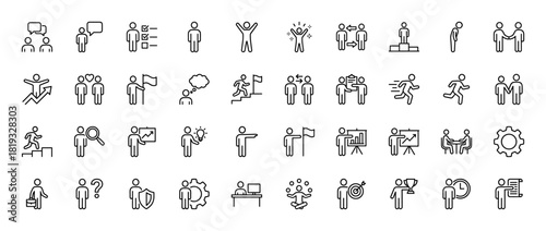 Business and people line icon set. Vector pictograms of communication, teamwork, growth, targets, podium, and achievement, thin linear illustration.