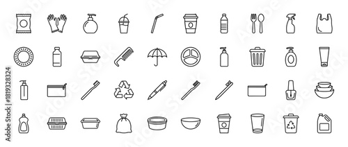 Household and personal care icon set. Vector pictograms of gloves, straw, bottle, dispenser, comb, cutlery, container, trash, umbrella, toothbrush, recycling, and bowls, thin linear illustration.