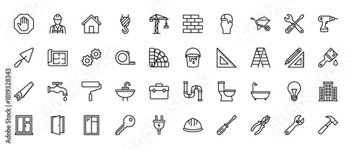 Construction and home repair line icon set. Vector pictograms of house, crane, worker, tools, plumbing, electrical, and building elements, thin linear illustration.