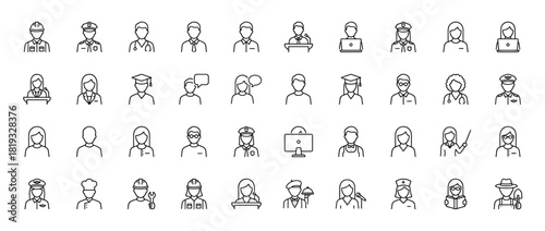 Professional occupations line icons: Diverse male and female avatars including doctor, engineer, student, pilot, chef, teacher, thin linear illustration.