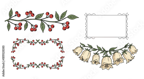 Assortment of hand-drawn botanical design elements including holly berry branches, bellflower garland, and ornamental frames.
