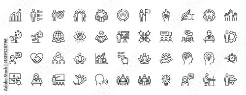 Business and personal development line icon set. Vector pictograms of teamwork, strategy, communication, growth, ideas, presentation, support, thin linear illustration.