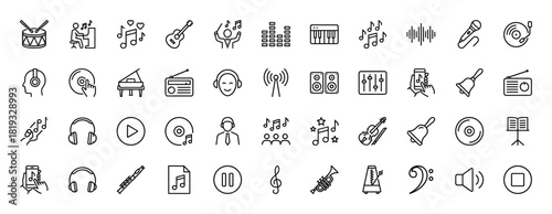 Music and audio line icon set. Vector pictograms of musical instruments, sound equipment, audio controls, and music symbols, thin linear illustration.