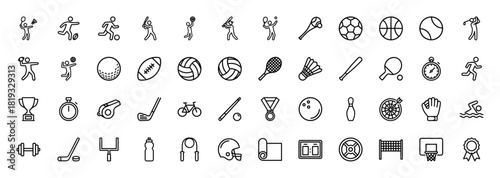 Sports and fitness line icon set. Vector pictograms of players, balls, rackets, bats, clubs, whistle, trophies, medals, bicycle, and gym equipment, thin linear illustration.