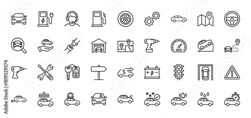 Automotive line icon set. Vector pictograms of car, fuel pump, EV charger, seatbelt, navigation map, car keys, battery, traffic light, car wash, and service tools, thin linear illustration.
