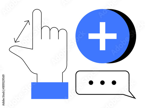 Communication concept. Communication ed by hand gestures, plus symbol, and chat bubble. Communication tools technology and interaction. For technology, UX design, apps, human interfaces teamwork