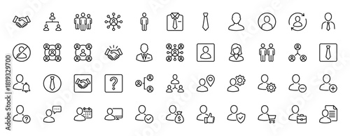 Business and human resources line icon set. Vector pictograms of user profiles, organizational charts, communication, and team interactions, thin linear illustration.