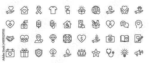 Charity and donation line icon set. Vector pictograms of house, globe, hands, blood bag, donation box, food, accessibility, medical care, and community support, thin linear illustration.
