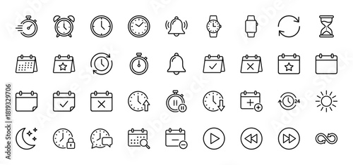 Time and calendar line icon set. Vector pictograms of clocks, stopwatch, hourglass, bell, sun, moon, and diverse calendar symbols, thin linear illustration.