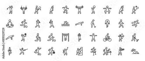 Sports and recreation line icon set. Vector pictograms of golf, tennis, skateboarding, gymnastics, weightlifting, yoga, cycling, swimming, soccer, running, and martial arts, thin linear illustration.