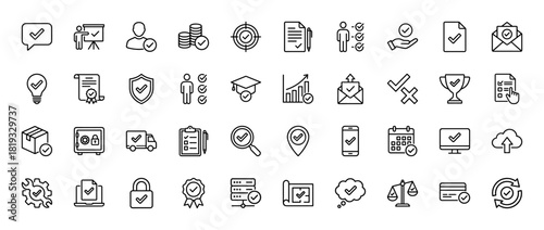 Confirmation and approval line icon set. Vector pictograms of user, document, task, target, finance, security, delivery, technology, success, and verification, thin linear illustration.