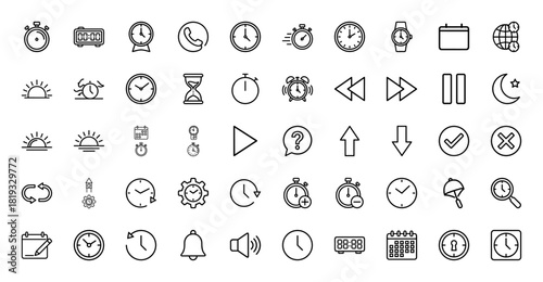 Time and schedule line icon set. Vector pictograms of clocks, digital timers, stopwatches, hourglass, calendars, sunrise, and global time, thin linear illustration.
