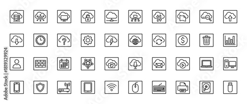 Cloud computing & IT line icon set. Vector icons of server, network, data, security, file, computer, mobile, user.