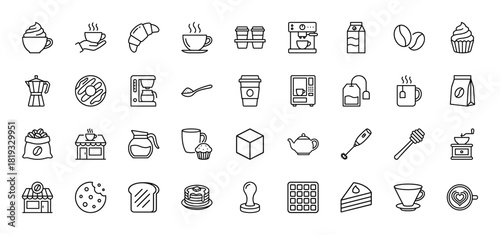Coffee and tea icon set. Vector pictograms of takeaway cups, espresso machine, coffee grinder, beans, croissant, donut, pancakes, and teapot, thin linear illustration.