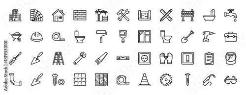 Building and construction line icon set. Vector pictograms of house, blueprint, crane, tools, plumbing, electrical, and safety gear, thin linear illustration.