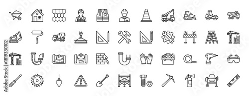 Construction line icon set. Vector pictograms of house, worker, crane, concrete mixer, excavator, toolbox, blueprint, hammer, and drill, thin linear illustration.