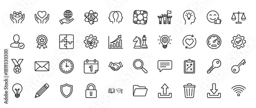 Essential universal line icon set for business, social, and technology concepts. Vector pictograms of people, ideas, growth, security, and communication, thin linear illustration.